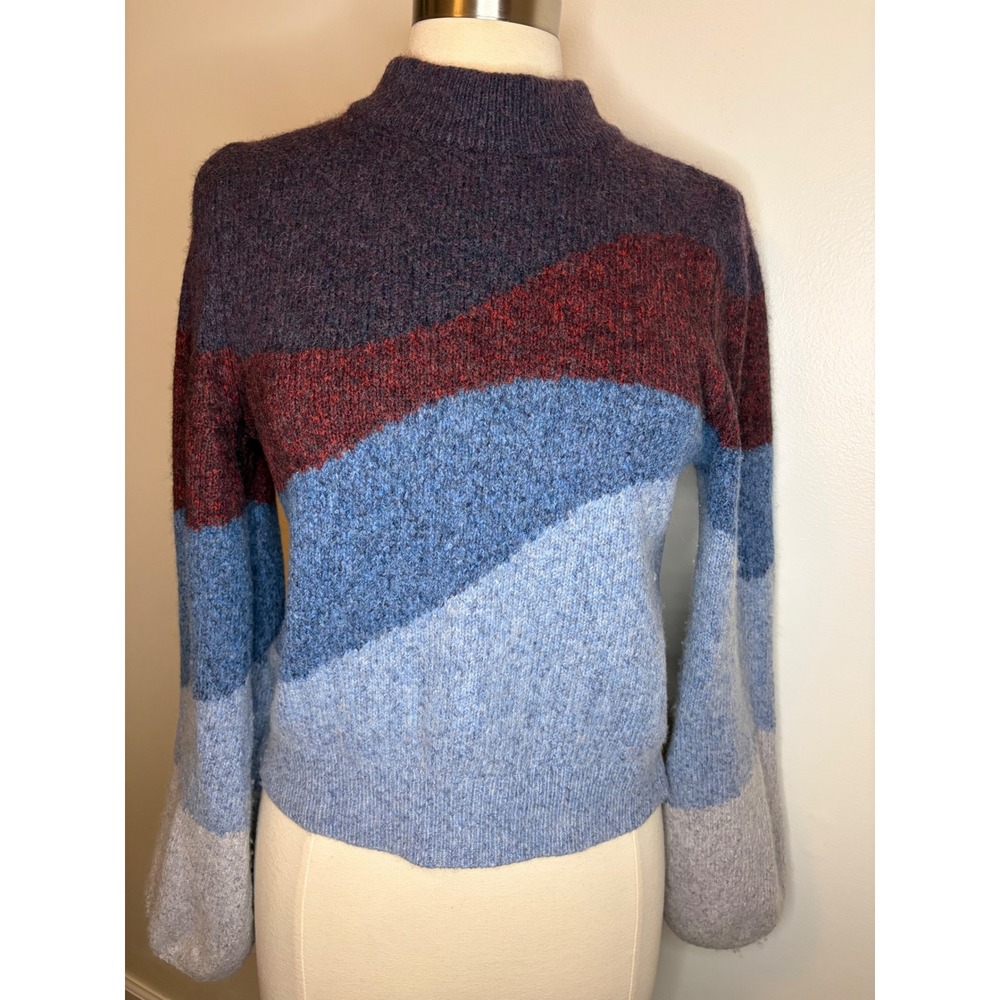 Veronica Beard Colorblock Alpaca Merino Wool Mock Neck Sweater Blue Burgundy M
